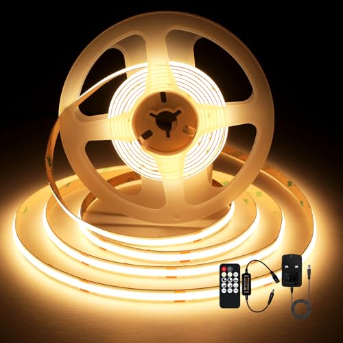 SIRYYUI COB LED Strip Lights 3M, 3000K Warm White Dotless Dimmable LED Strip, 480LEDs/M,Super Bright DC24V LED Light Strip,CRI 90+ with RF Remote and UKCA Power Supply for DIY Home Decoration