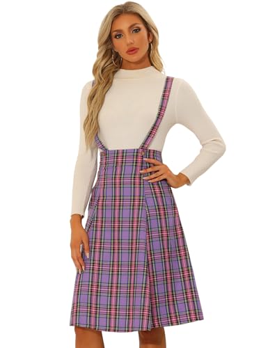 Allegra K Damen Midi Latzrock Karierter Hosenträgerrock Tartan Midirock Rock Lila Rosa M