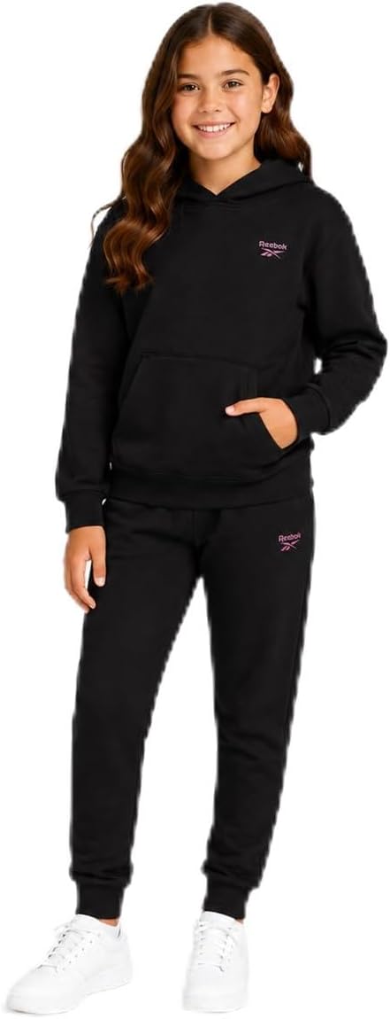 Reebok Conjunto de sudadera con capucha y pantalones deportivos de 2 piezas para niña | Sensación de forro polar suave, bolsillo frontal espacioso, cintura de fácil ajuste, capas durante todo el año para la escuela, el juego o la comodidad del fin de semana, tallas 7-12
