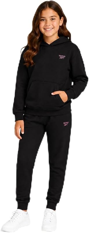 Reebok Conjunto de buzo con capucha y pantalones deportivos de 2 piezas para niña | Sensación de forro polar suave, bolsillo frontal espacioso, cintura de fácil ajuste, capas durante todo el año para la escuela, el juego o la comodidad del fin de semana, tallas 7-12