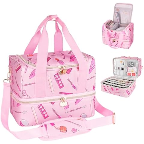 Jaffzora Nail Polish Organizer Case, Double Layers Nail Organizers and Storage, Holds 40 Bottles Gel Nail Polish&Nail Lamp, Travel Nail Supplies Carrying Bag for Nail Art Tech & Manicure Tools,Pink Cover