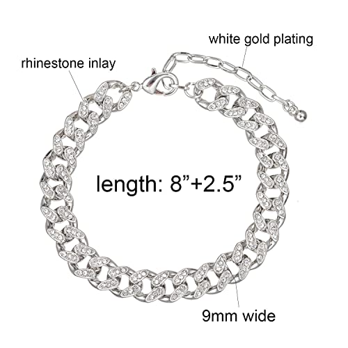 Kelistom 18K White Gold Plated Cuban Link Anklet For Women Teen Girls Men, Iced Out Rhinestones Filled Chain Ankle Bracelets For Women With Paperclip Extension #TOP1