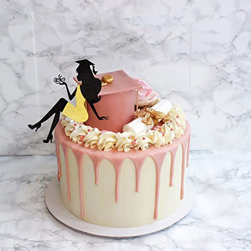 1 PCS 2025 Graduation Cake Topper with Glitter Grad Cap Diploma High Heel Girl Graduation Cake Pick 2025 Senior Graduation Cake Decorations for 2025 Girl Graduation Theme Party Supplies Gold