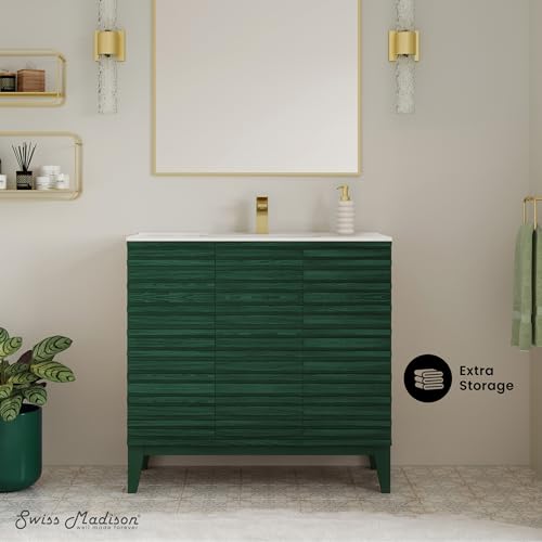 Image of Swiss Madison Cascade 36 inch Freestanding Bathroom Vanity in Green Oak with Sink Top