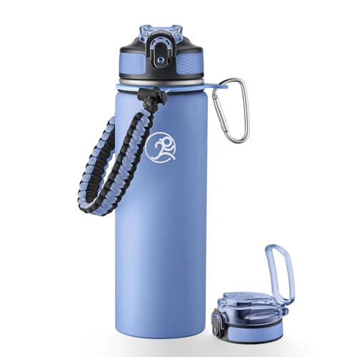 Image of GOSWAG 24oz Insulated Stainless Steel Travel Water Bottle, 2 Lids | with straw and no straw, Paracord handle, Double-wall vacuum keeps drinks cold or hot, Leakproof tumbler