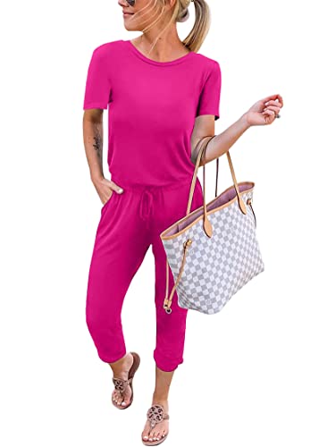 KIRUNDO Jumpsuits for Women Summer 2026 Casual Short Sleeve One Piece Outfits Drawstring Waist Long Pants Romper Jumpers(Rose Red, XX-Large)