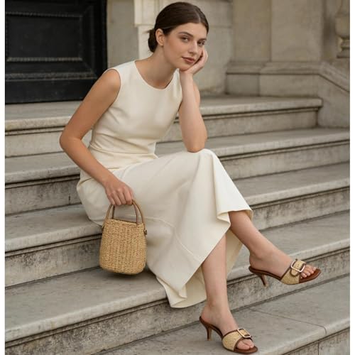 Image of Dsevht Black Kitten Heel Sandals Stiletto Low Heels Slip On Slides Mule Sandal Square Open Toe Dress Shoes for Women