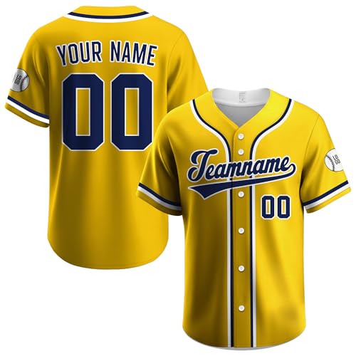 Custom Yellow Baseball Jersey – Personalized Name, Number & Logo, Yellow Navy Button Down Jersey Shirt for Men, Women, Youth and Kids