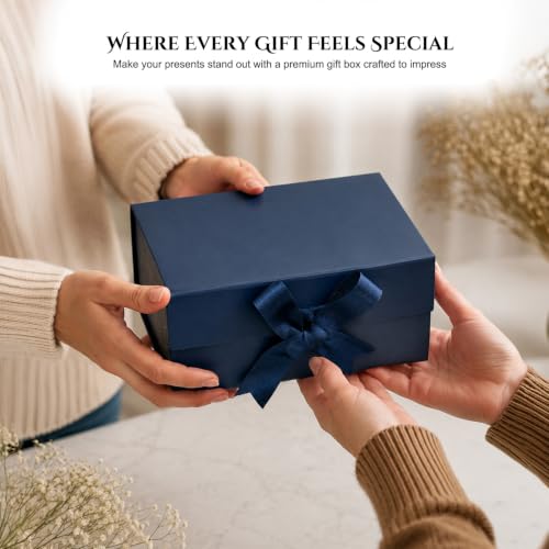 Image of Kura by Ekhasa Foldable Large Multipurpose Gift Hamper Box (21.5 x 21 x 9.5 cm) with Magnetic Closure & Ribbon | Blue Rigid Cardboard Empty Reusable Packing Box | Birthday, Wedding & Festive Gifting