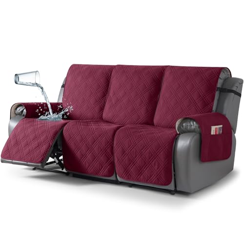 Image of TAOCOCO 100% Waterproof Recliner Sofa Covers 3 Seater, Split Couch Covers for Reclining Couches, Non Slip Reclining Couch Covers with Double Straps for Kids Pets(3 Seater, Wine)