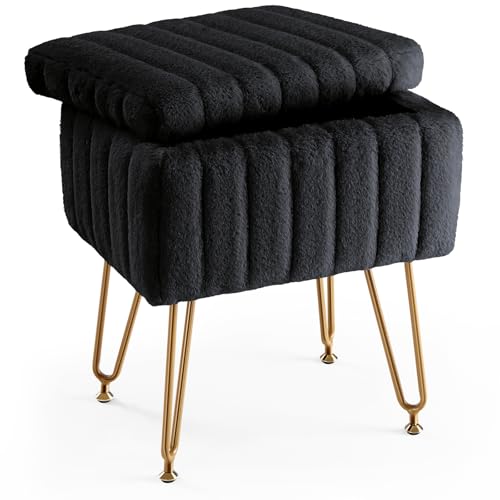 DUMOS Vanity Stool Chair, Ottoman with Storage, Makeup Cute Soft Small Footstool, Modern Style Faux Fur Seat with 4 Metal Legs & Adjustable Feet for Dressing, Living Room, Bedroom, Dorm, Black
