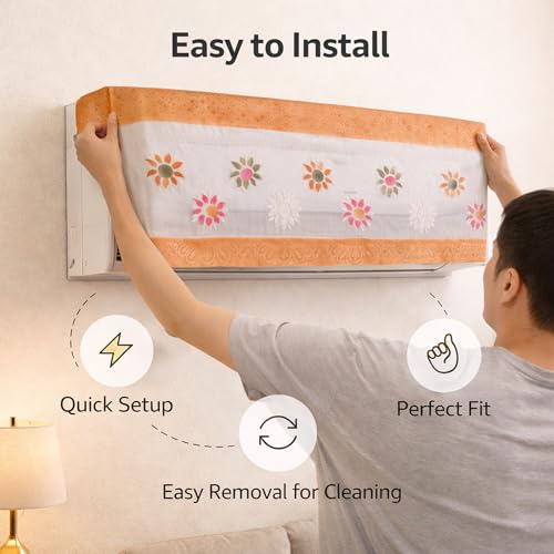 Image of Cotton Net Split AC Cover Indoor Unit for 2 Ton Capacity AC, Premium Work Indoor AC Dust Protection Cover Designer Summer Ac Cover for 2 Ton Ac (38 X 15.35 X 7.8 inch, Orange Flower)