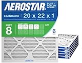 Aerostar Pleated Air Filter, MERV 8, 20x22x1, Pack of 6, Made in the USA