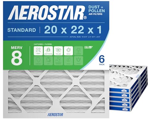 Aerostar 20x22x1 MERV 8 Air Filter, 6 Count, ACTUAL SIZE (19.75 x 21.75 x 0.75), HVAC, Air Conditioning & Furnace Filter Captures Dust, Lint & Pollen (MPR 600 / FPR 5), Made in USA