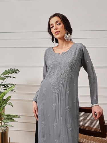 Image of Ada Hand Embroidered Lucknowi Chikankari Viscose Georgette Kurta Kurti for Women A411185