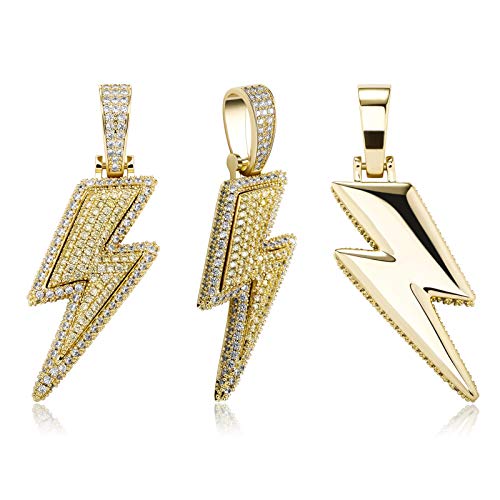 JINAO Hip Hop Large Gold Lightning Bolt Charm Pendant 18k Gold Plated Iced Out Cubic Zirconia Pendant Necklace with Micropave Simulated Diamond for Men Women (Gold Big)