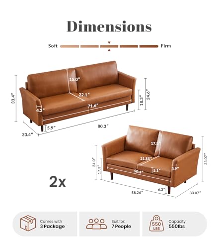 Image of Kingfun 3 Piece Living Room Furniture Sets, 3 Seater Couch and 2 Loveseat, Faux Leather Couch Set, Mid Century Modern Sofa Set with Solid Wood Frame for Living Room, Office, Mid Brown