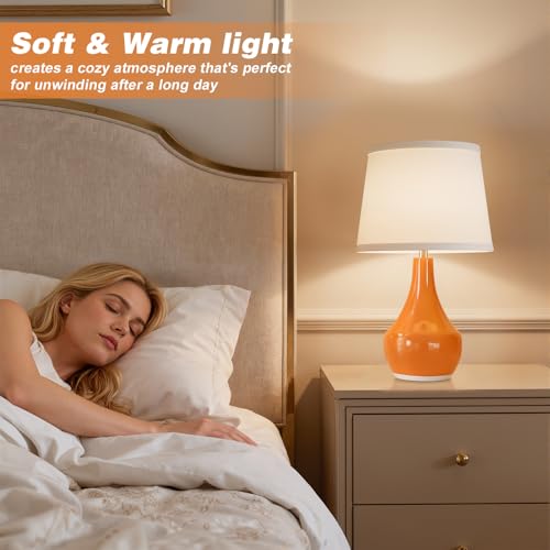 Seealle Modern Ceramic Table Lamps for Night Stands - Bedside Lamps Set of 2 for Nightstand,Orange Bedroom Lamp for Living Room Cute Desk End Table Office Guest Room Dresser Rocker Swtich - Image 3