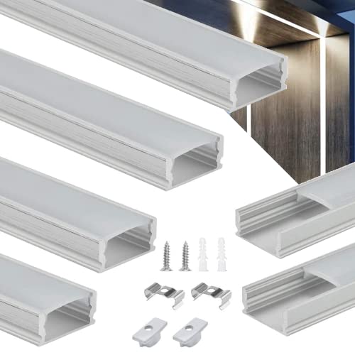 BUZIFU - Profilo in alluminio a LED, 1 m, 6 pezzi, a forma di U, profilo a LED da incasso, profilo in alluminio, largo, con accessori di montaggio completi, per strisce LED fino a 12 mm