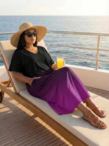 Image of SUZONANA Women Casual T-Shirt Dress V Neck Short Sleeve Solid Color Oversize Dress with Front Two Pockets