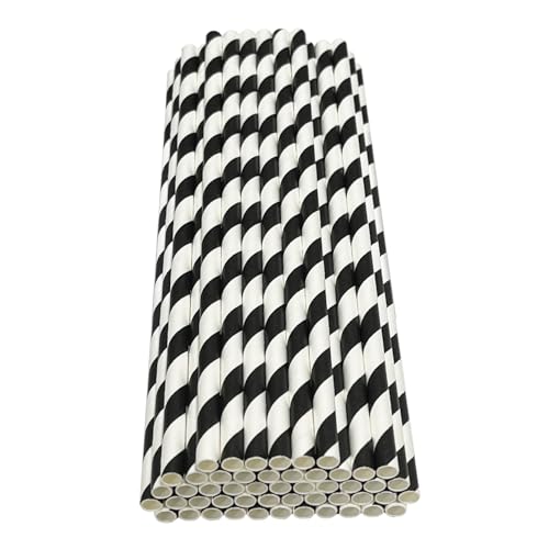 Haobase 50 Stück Papier Trinkhalme, biologisch abbaubare Papier Strohhalme zum Trinken Cocktail, Kaffee, kalte Getränke (Streifen-Muster) (White/Black Stripes)