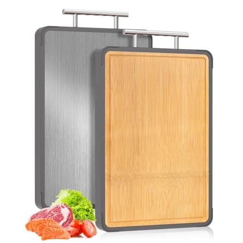 Cutting Boards for Kitchen - Food Grade Double Sided Pure Titanium& Bamboo Chopping Board with Handle, Slip resistant Non-toxic Charcuterie Board Housewarming Gifts (16×11)