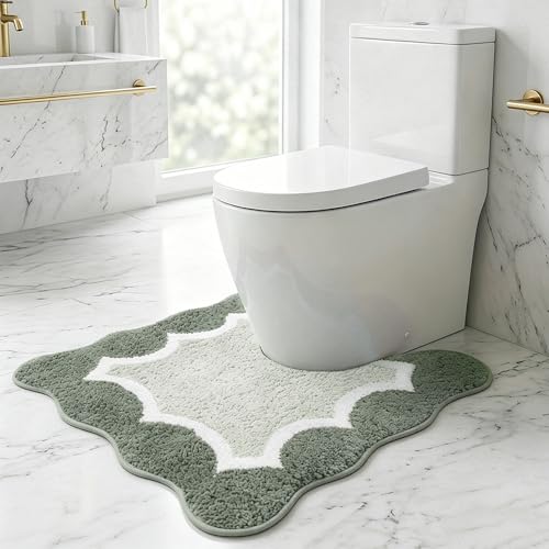 Wylumen Green Toilet Rugs U-Shaped 24x20inch,Non Slip Absorbent Quick Dry Coutour Bathroom Rug for Shower Room Toilet,Microfiber Bath Mats for Bathroom Floor Washable Carpet for Shower Toilet