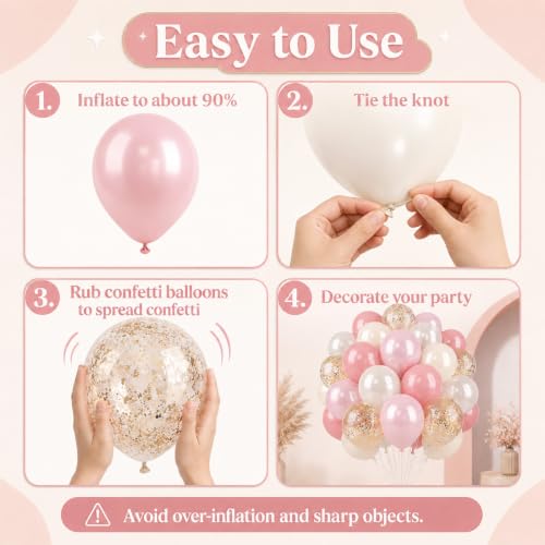 Image of Biapian Pink And Gold Balloons, 50Pcs 12 Inch Retro Blush Pink Cream White Double Stuffed Metallic Gold Confetti Boho Ballon For Birthday Bridal Shower Wedding Party Decorations