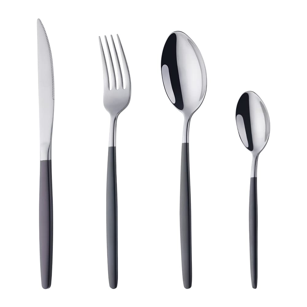 BISDARUN Stainless Steel Cutlery Set of 1 with Black Coloured Handles 4-Piece Titanium Plated Flatware Service for 1, Silverware Dinner Fork Spoon Set