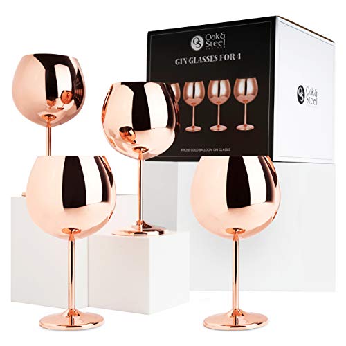 Oak & Steel Juego de 4 Elegante Copas Gin Tonic - Grande Coctel Copas de Balon| Premium Acero Inoxidable Oro Rosa| Robusto y Reutilizable Cumpleaños Bodas Fiestas| Navidad Set de Regalo