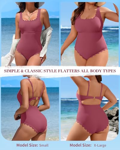 Image of Charmo Womens Scalloped One Piece Swimsuits Modest Bathing Suits | Square Neck,Ribbed,Push Up Removable Cups,Adjustable Wide Straps,Cutout Back,Beach,Pool