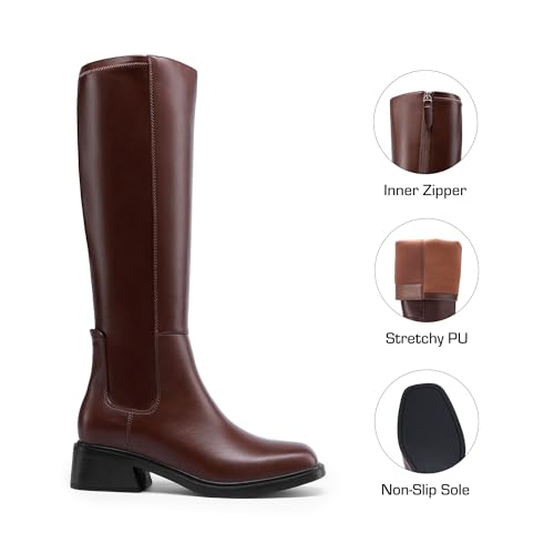 DREAM PAIRS Women's Knee High Boots Square Toe Low Block Heel Casual Comfort Riding Long Boots with Side Zipper,Size 8,Brown,DWUMKB2530