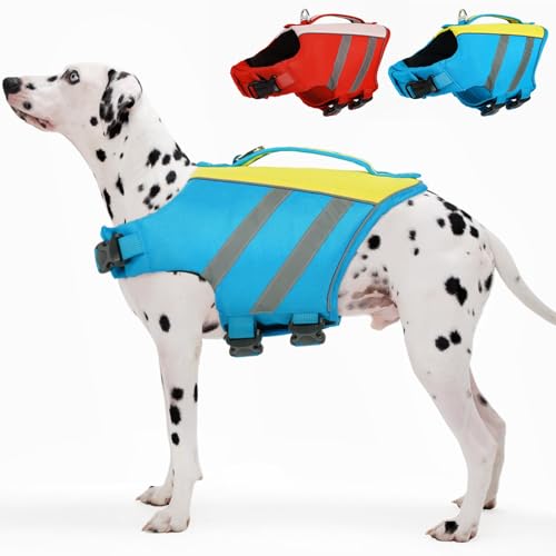 Kuoser Dog Life Jacket, High Flotation Dog Life Vest for Swimming & Boating, Adjustable Dogs Swim Vest with Rescue Handle, XS-XXL Reflective High Visibility Lifejacket for Small Medium Large