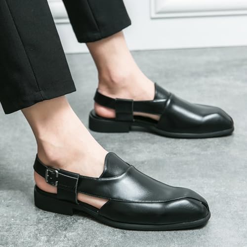 Men's Panelled Leather Closed-toe Sandals with Adjustable Buckle Straps Non-slip Breathable Pointed Block Heel Slippers, Business Walking Driving Office Dress Shoes (Black,12)4