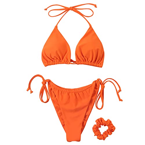 SUUKSESS Women String Triangle Bikini Sets Tie Side Thong Sexy Halter Swimsuits 2 Pieces (Orange, S) - Image 3