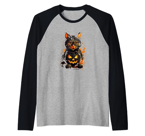 I Love Halloween Scary Pumpkin Cat Funny para los amantes de los gatos Camiseta Manga Raglan