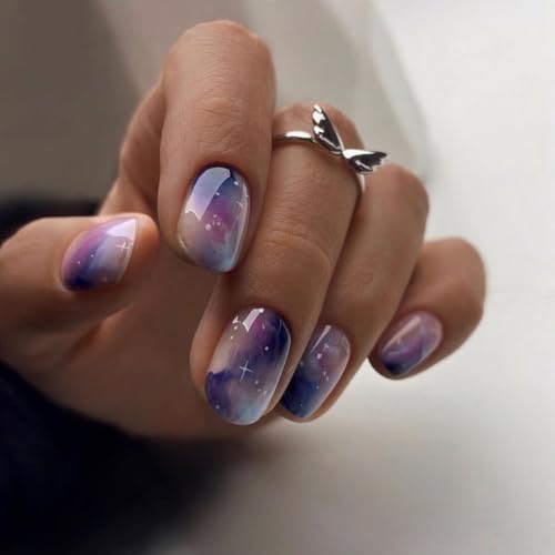 Winter Press On Nails - Extra Short Round Ombre Acrylic Purple Blue Galaxy Stars Design Full Cover Glossy False Petite Stick On Nails for Women Girls - 24 Pcs