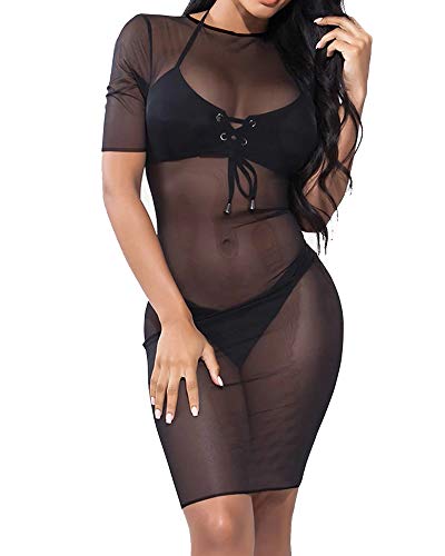 Allchic Vestido feminino sexy de malha transparente de manga curta transparente para usar em clubes,