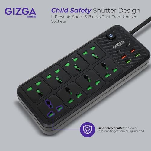 Image of Gizga essentials Power Extension Board with 8 Universal Sockets, 4 USB & 2 Type C Port| Socket with 2M Cord, Surge Protector, Child Safety, Anti-Flaming Body, 10A Output, 250V Multi Plug Adapter
