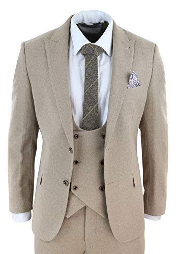 Men Tweed 3 Piece Suit Tan Oak Double Breasted Tailored Fit Wedding3
