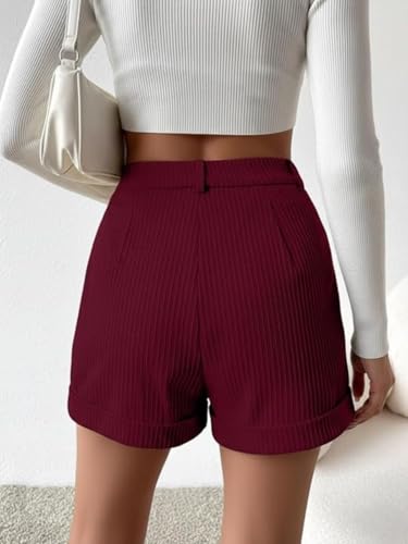 Image of Leriya Fashion Women's High Waist Tailored Shorts, Ribbed Poly Lycra Blend Summer Shorts with Pockets & Button Closure, Elegant Folded Hem Casual Wear for College, Brunch & Daily Outings