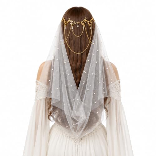 UniqKaliber Shining Pearl Wedding Veil Bride Headpiece Elven Elf Dress Accessory Goddess Headwear Renaissance Fairy Costume