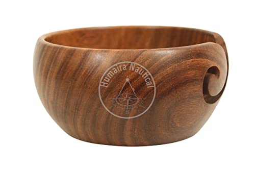 Image of Humaira Nautical Wood Yarn Bowl with Lid, Crochet & Knitting Yarn Holder, 6x3in, Brown Mango Wood