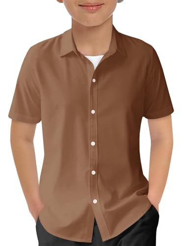 Haloumoning Boys Short Sleeve Dress Shirts Kids Summer School Uniform Button Down Shirt 5-14 Years Brown