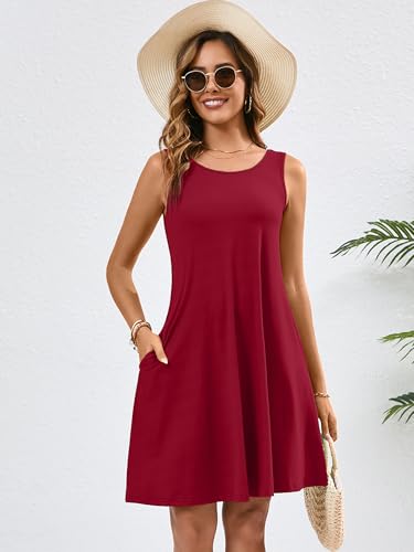 Heymoments Women Summer Dress Burgundy Small Sleeveless Crewneck Casual Cute Loose Fitting Tank Sundress Comfy Swing Midi Flowy A Line Trendy Beach Vacation Teacher Dresses with Pockets — view 3