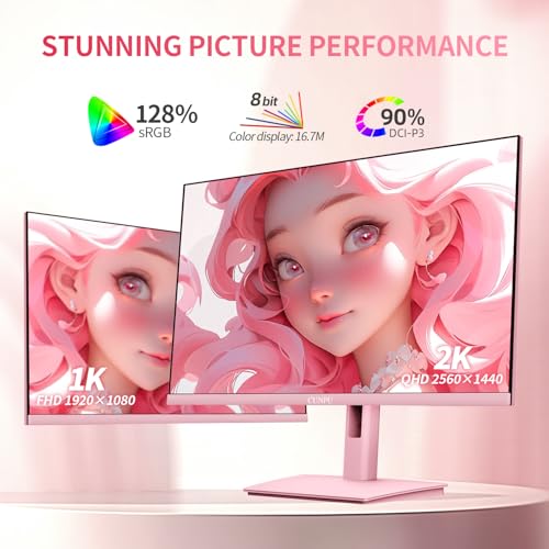 Image of CUNPU 27 Inch Pastel Pink Gaming Monitor QHD 2560x1440 180 /200Hz 1ms GTG Fast IPS Computer Monitor, 90% DCI-P3, Adaptive Sync, Built in Speaker, Height /Swivel /Tilt /Pivot Adjustable Stand, HDMI,DP