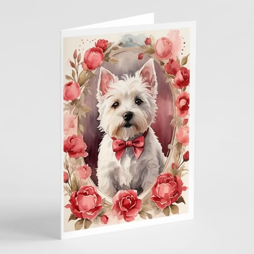 Caroline's Treasures DAC4592GCA7P Westie Terrier Valentine Roses Greeting Cards Pack of 8 Blank Cards with Envelopes Whimsical A7 Size 5x7 Blank Note Cards