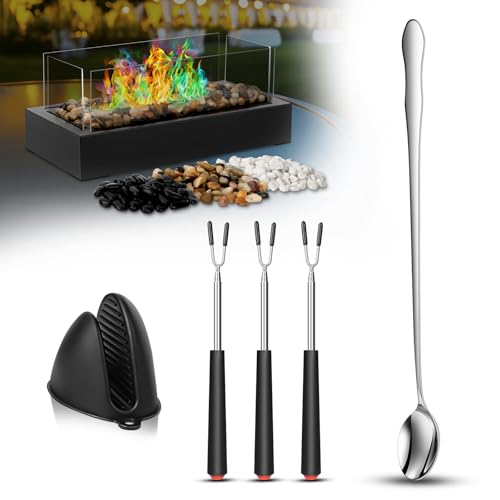 Charmofun Tischkamin Zubehör Set, Rechteckiger Tischfeuer, Innenfeuerstelle Set mit Schreibtischkamin, Teleskopgabeln, Langer Löffel und Handschuh, Tisch Kamin Werkzeugset für Indoor & Outdoor