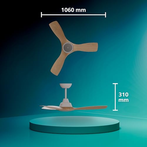 Philips Olas Ventilateur de Plafond avec Lumière LED, 3 Pales, 107 cm de Diamètre, 2650 Lumens, Lumière Blanche Réglable de 3000 à 6500 K, Variable jusqu'à 5%, avec Télécommande, Blanc/Bois