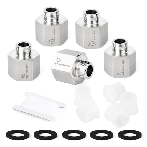 TAISHER 5PCS 304 Stainless Steel Water Hose Adapter 1/2" G Thread (BSP) × 3/8" Compression Pipe Fitting